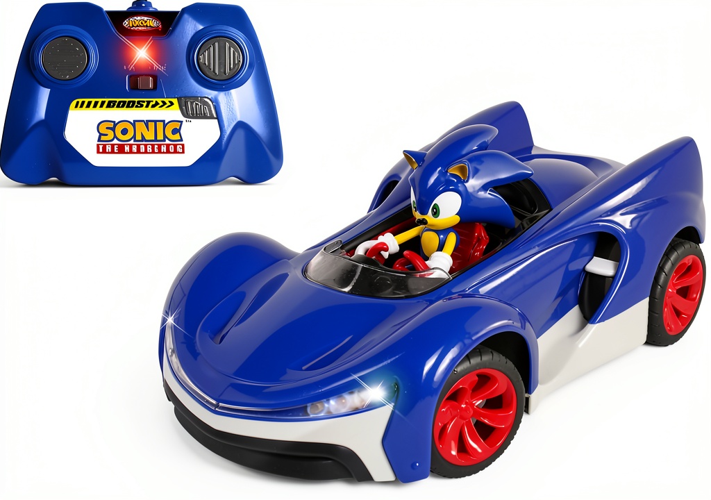 Sonic RC Race Car racing on a wooden floor
